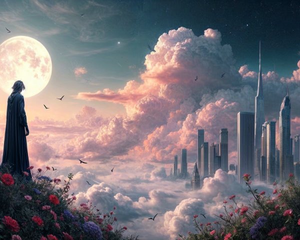 Cloaked Figure Overlooking Futuristic City and Flowers