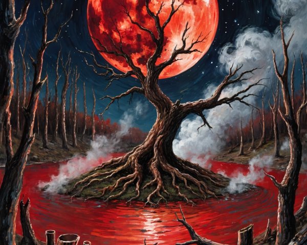 Gnarled Tree on Island by Blood-Red Lake at Night