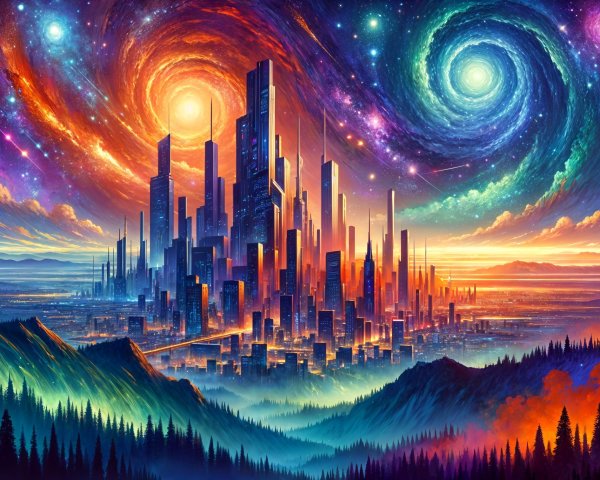 Vibrant Cityscape Amidst Lush Landscape and Cosmos
