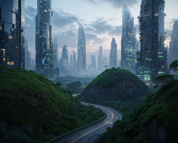 Futuristic Cityscape Merging with Lush Green Landscape