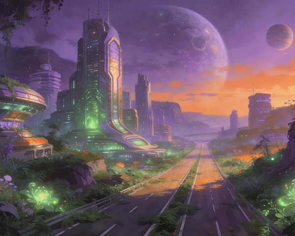 Cyberpunk Cityscape with Alien Flora at Twilight