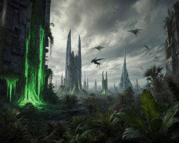 Ancient Ruins Surrounded by Lush Overgrown Landscape