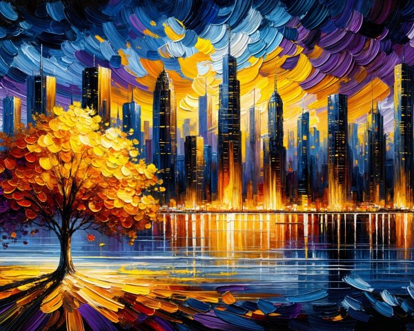 Vibrant Cityscape at Dusk with Colorful Sky and Tree