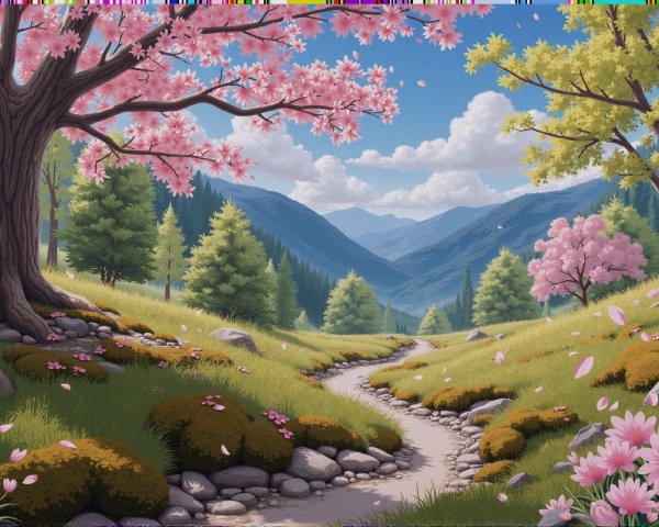 Serene Landscape with Cherry Blossoms and Mountains