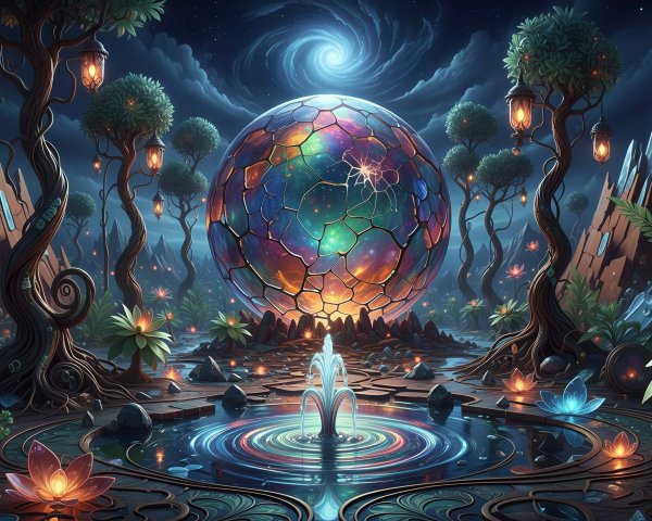 Fantasy Night Landscape with Glowing Geodesic Dome