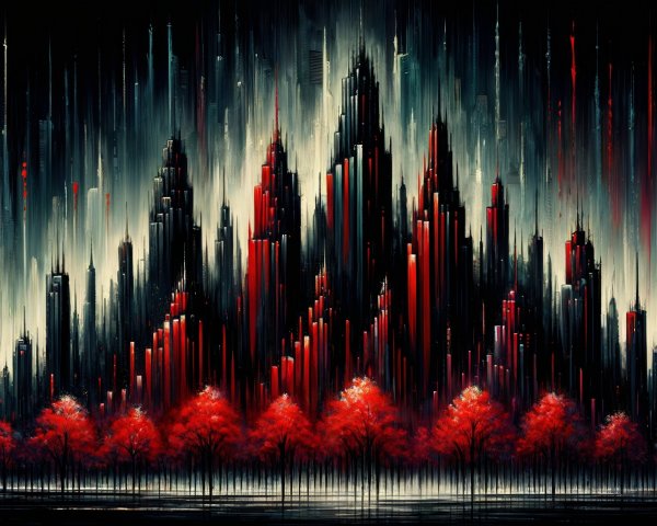 Abstract Landscape with Skyscrapers and Red Trees