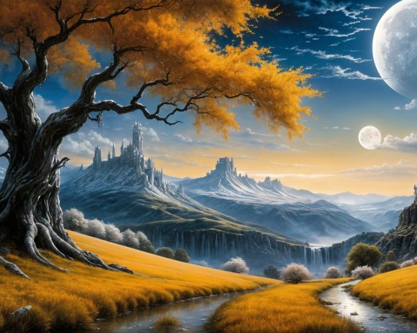 Fantasy Landscape with Mountains, Castles, and Moons