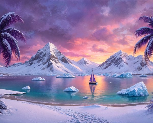 Tranquil Icy Landscape with Mountains and Sailboat