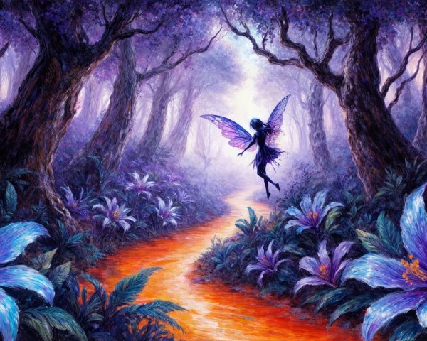 Fairy Dancing in a Mystical Purple-Hued Forest