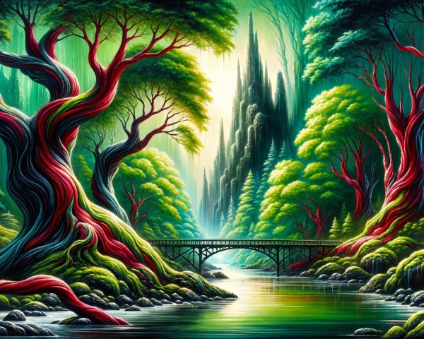 Vibrant forest scene with twisted trees and river