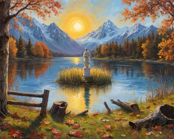 Tranquil Lake Surrounded by Autumn Foliage and Mountains
