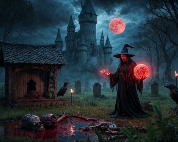 Witch Casting Spell Under Red Moon in Dark Landscape