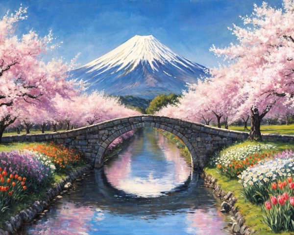 Serene Landscape with Stone Bridge and Mount Fuji