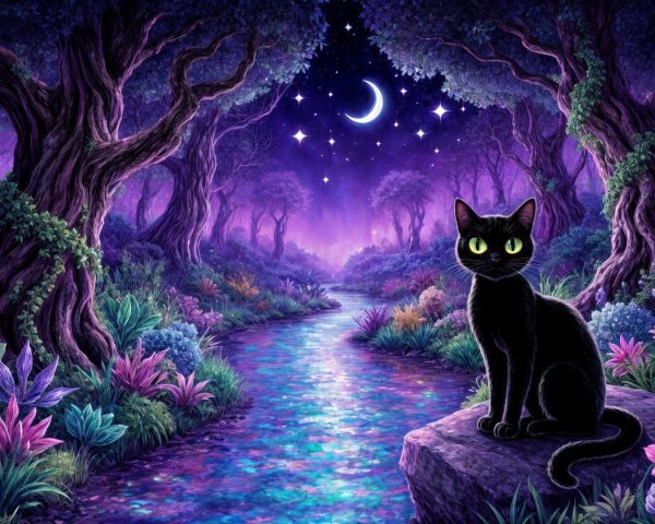 Mystical Forest Scene with Twisted Trees and Stream