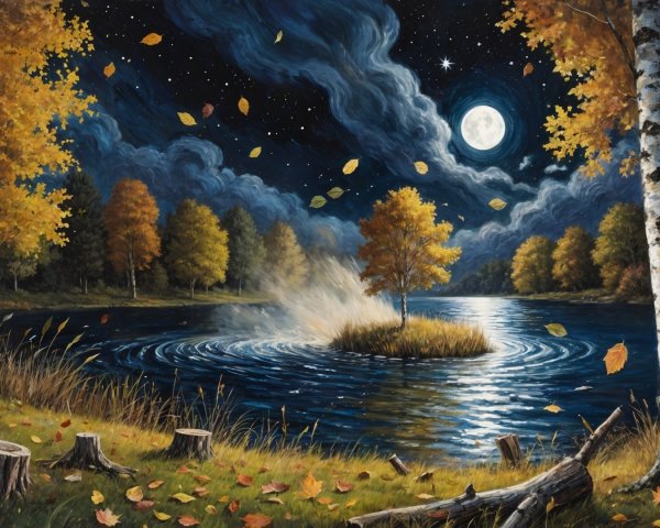 Serene Night Scene Over Tranquil Lake in Autumn