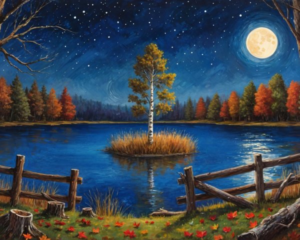 Tranquil Lake Scene with Autumn Foliage and Moonlight