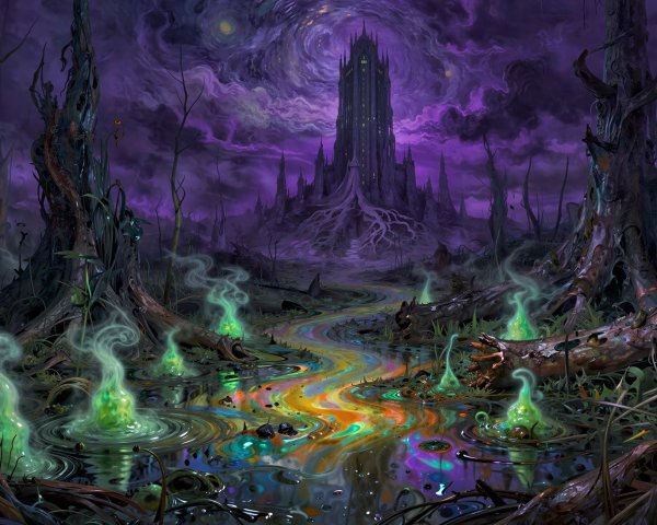 Eerie Swamp Scene with Gothic Tower and Dark Sky