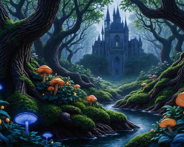 Mystical forest with twisted trees and a castle backdrop