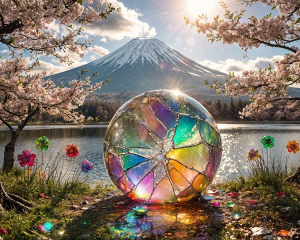 Iridescent Orb by Serene Lake with Cherry Blossoms