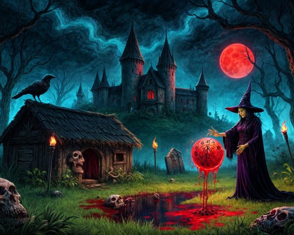 Cloaked Witch by Crimson Pool in Ominous Landscape