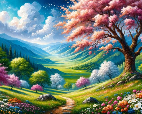 Vibrant Landscape with Rolling Hills and Mountains
