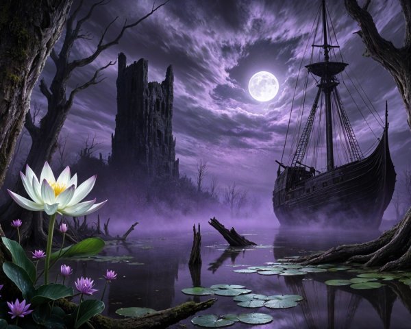 Ghostly Ship in Foggy Swamp Under Moonlit Sky