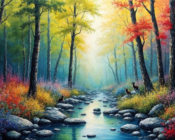 Tranquil Stream in a Colorful Forest Landscape