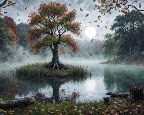 Serene landscape with a solitary tree and misty waters
