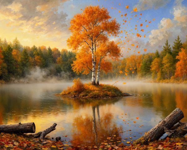 Autumn Landscape with Birch Tree and Tranquil Lake
