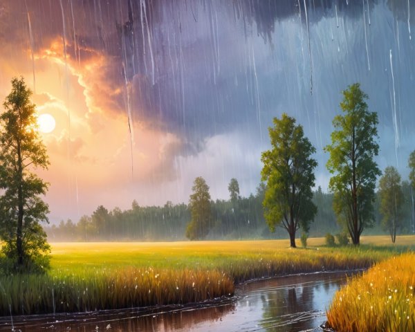Serene Landscape of a Rainstorm with Tranquil Stream