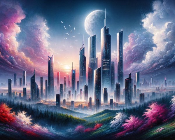 Futuristic Cityscape with Sunset and Nature Elements
