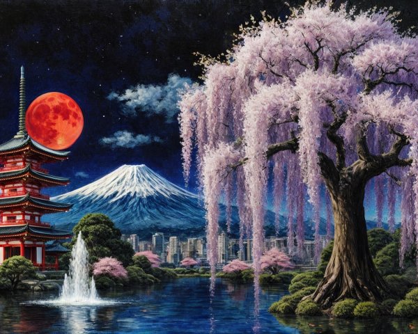 Vibrant Pagoda by Tranquil Lake with Mount Fuji