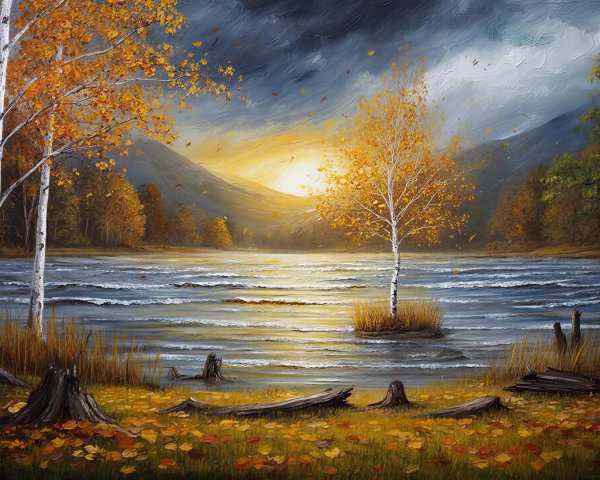 Autumn Lake Scene with Mountains and Birch Trees