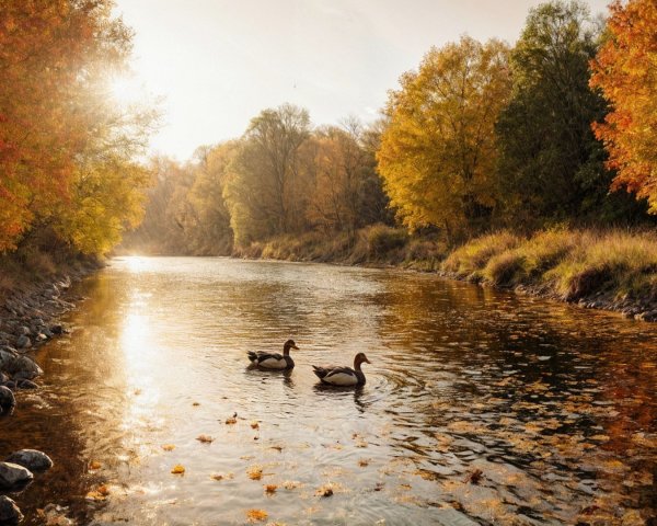 Tranquil River in Autumn Landscape with Ducks