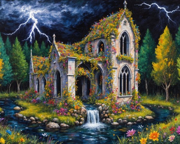 Gothic Building Surrounded by Fall Foliage and Waterfall
