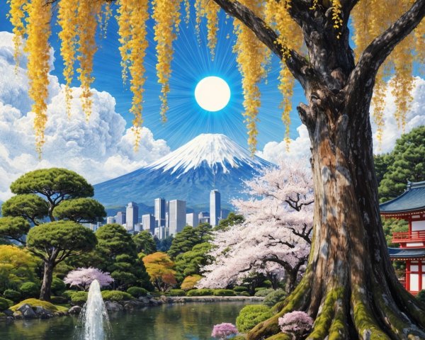 Serene Landscape with Mountains and Cherry Blossoms