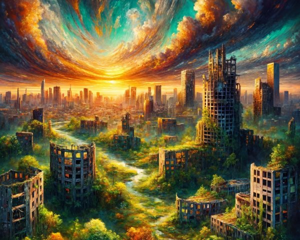 Post-Apocalyptic Urban Landscape with Nature's Rebirth