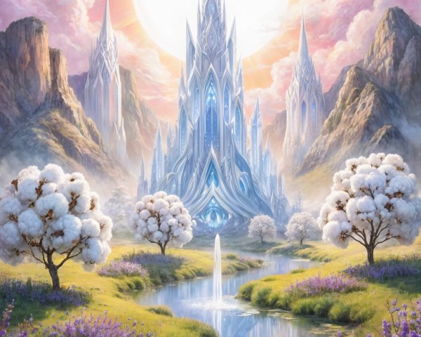 Majestic Crystalline Castle in a Fantasy Landscape