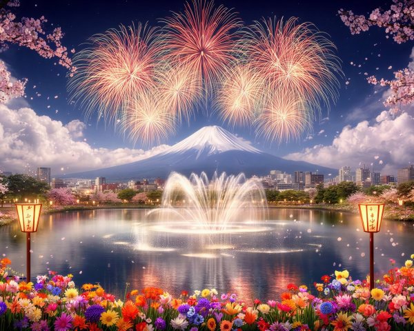 Night Scene of Mount Fuji with Fireworks and Lake Reflection