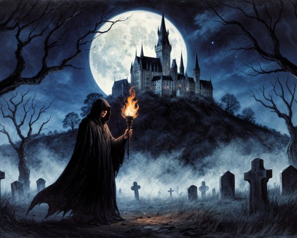 Eerie Graveyard Scene with Cloaked Figure and Castle