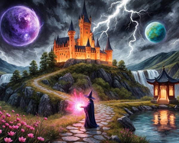 Majestic castle with wizard in a fantasy landscape