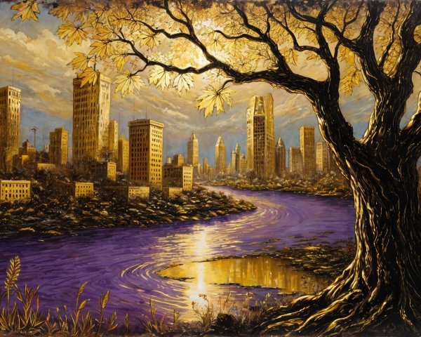 Autumn Cityscape with Majestic Tree and River Reflection