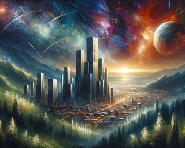 Futuristic cityscape in a vibrant cosmic setting