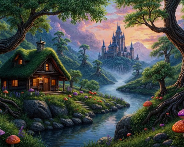 Whimsical Landscape with Cottage and Castle at Sunset