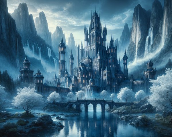 Majestic Castle Surrounded by Ethereal Mountain Landscape
