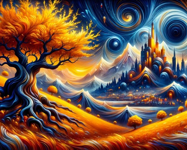 Vibrant Landscape with Orange Tree and Castle Backdrop