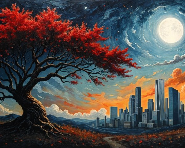 Majestic tree with red foliage and city skyline backdrop