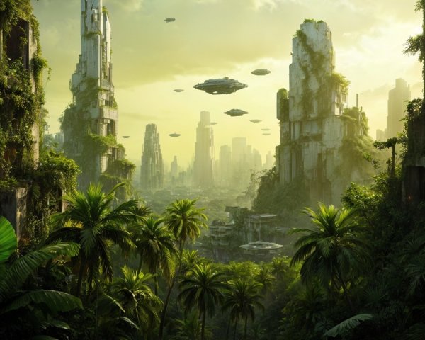 Ancient Ruins Surrounded by Lush Greenery and UFOs