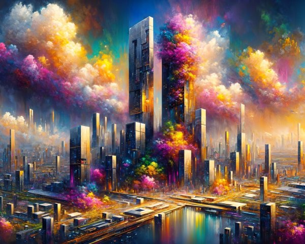 Futuristic Cityscape with Colorful Skyscrapers and Sky