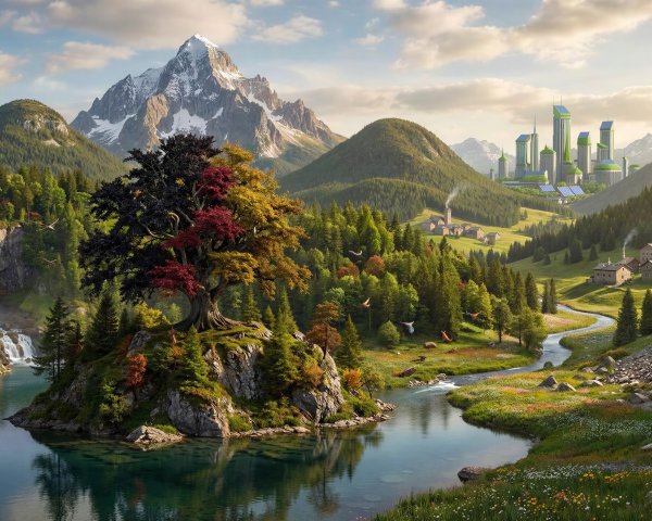 Hybrid Natural Landscape with Futuristic City Vista